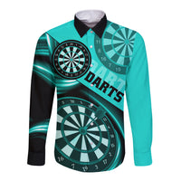 Turquoise abstract dartboard long sleeve button shirt with diagonal text graphic