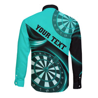 Turquoise abstract dartboard long sleeve button shirt with 'YOUR TEXT' graphic