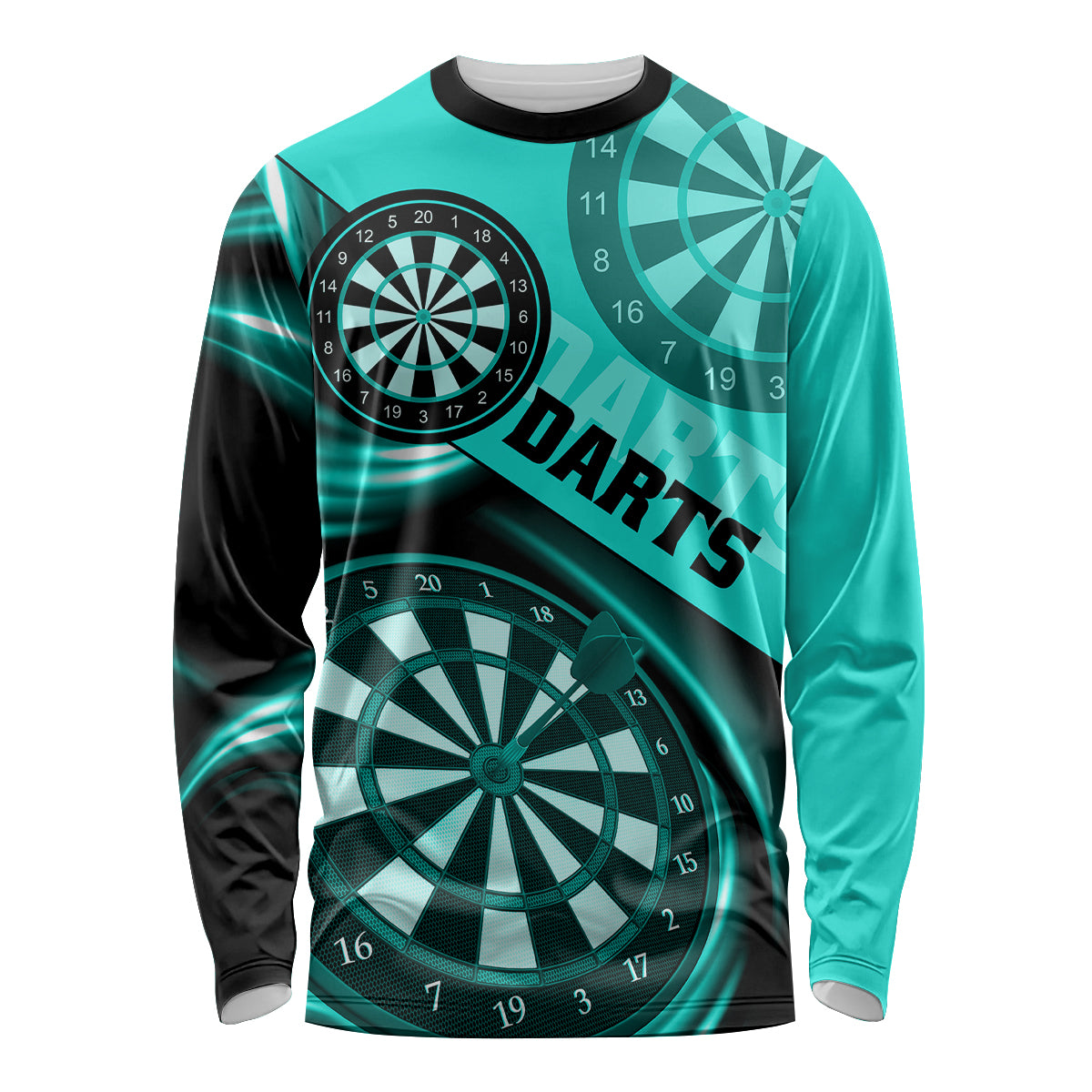 Unisex long-sleeve darts shirt in turquoise with dartboard graphic and DARTS text, crew neck
