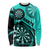 Unisex long-sleeve darts shirt in turquoise with dartboard graphic and DARTS text, crew neck