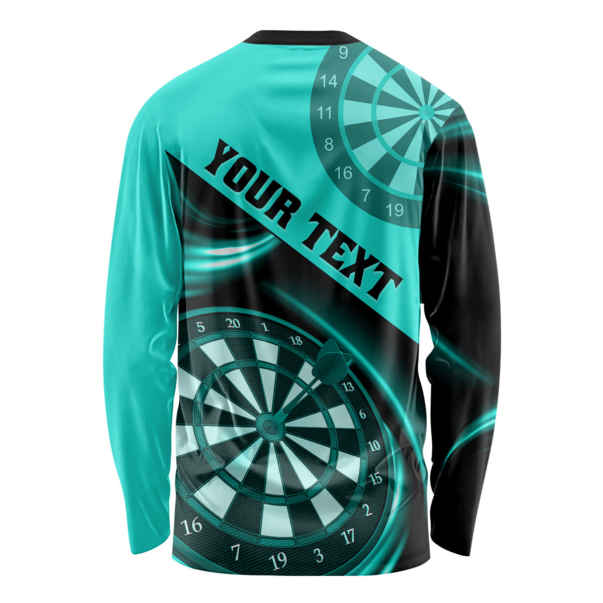 Unisex long-sleeve darts shirt, turquoise and black, dartboard graphic with YOUR TEXT