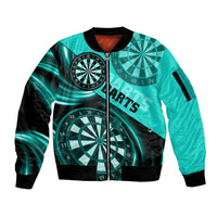 Unisex turquoise darts graphic zip bomber jacket with black ribbed cuffs and hem