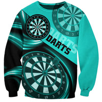 Turquoise unisex sweatshirt with dartboard graphic and diagonal 'DARTS' text, long sleeves