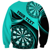 Turquoise unisex sweatshirt with dartboard graphic and diagonal 'YOUR TEXT' band, long sleeves