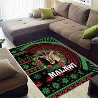 Malawi Christmas area rug with deer in red-green circular border and 'MALAWI' text