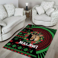 Malawi Christmas area rug featuring deer, red circular design and 'MALAWI' lettering
