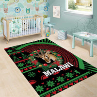 Malawi Christmas area rug with deer, green-red holiday pattern on black center