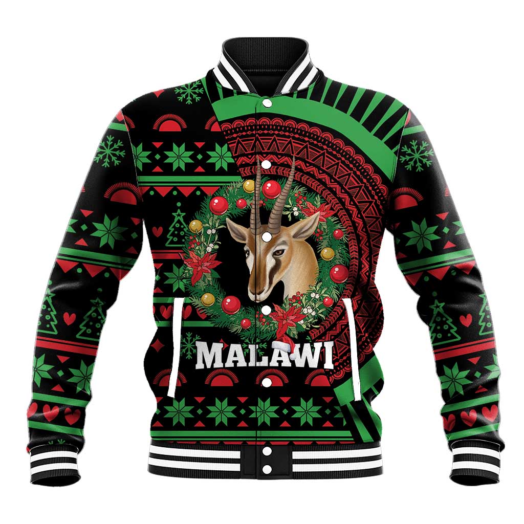 Black baseball jacket with green/red Christmas pattern, deer graphic, MALAWI text