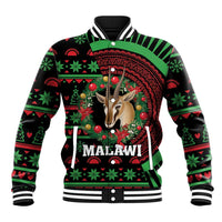 Black baseball jacket with green/red Christmas pattern, deer graphic, MALAWI text