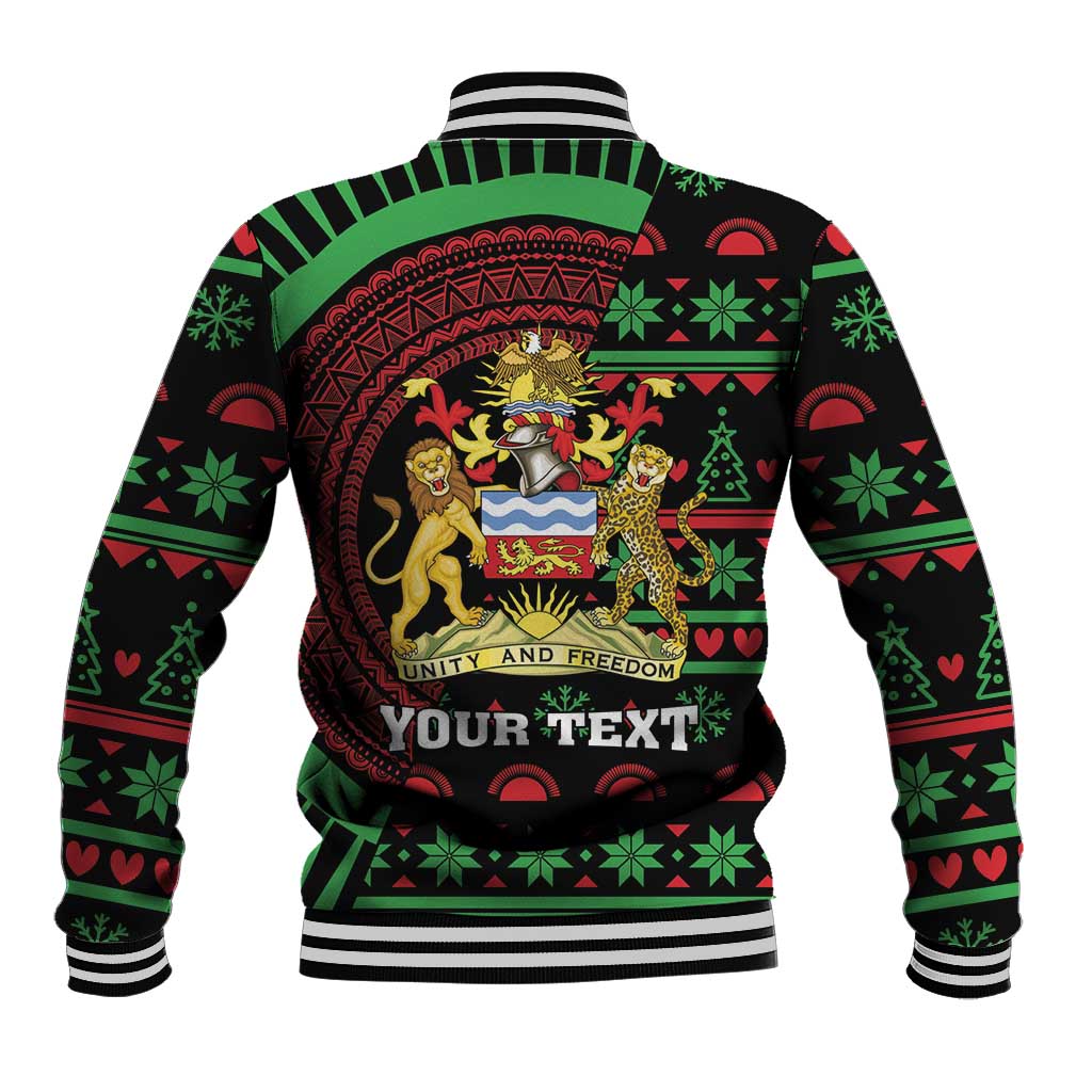 Black baseball jacket with green/red Christmas pattern, coat-of-arms graphic, YOUR TEXT