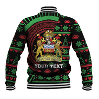 Black baseball jacket with green/red Christmas pattern, coat-of-arms graphic, YOUR TEXT