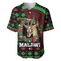 Black baseball jersey with deer portrait and Malawi text, green/red Christmas pattern