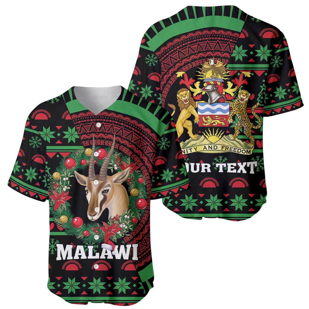 Pair of black baseball jerseys with Malawi deer and crest lion prints, green/red Christmas pattern