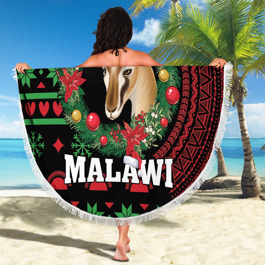 Round Christmas beach blanket with fringe, gazelle portrait in red and green holiday pattern