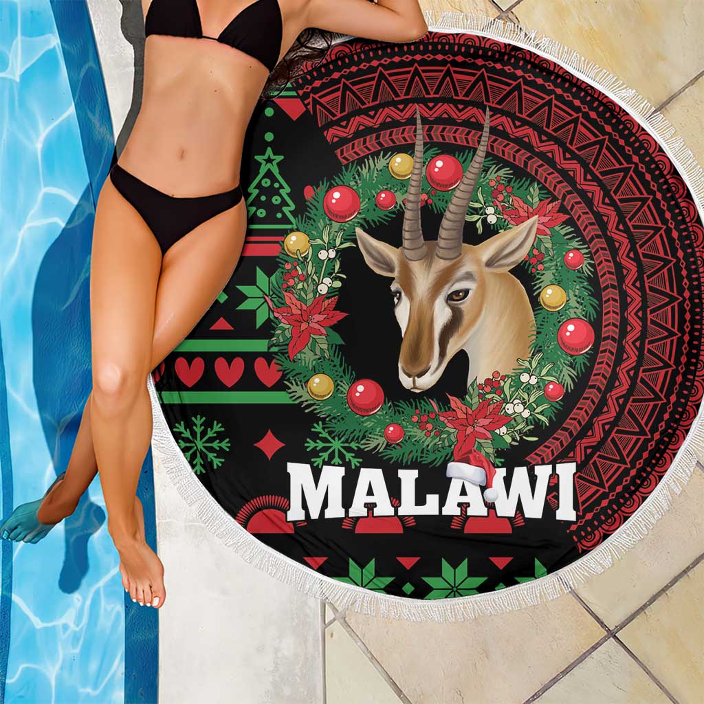 Round Christmas beach blanket with fringe, black/red/green gazelle and MALAWI print