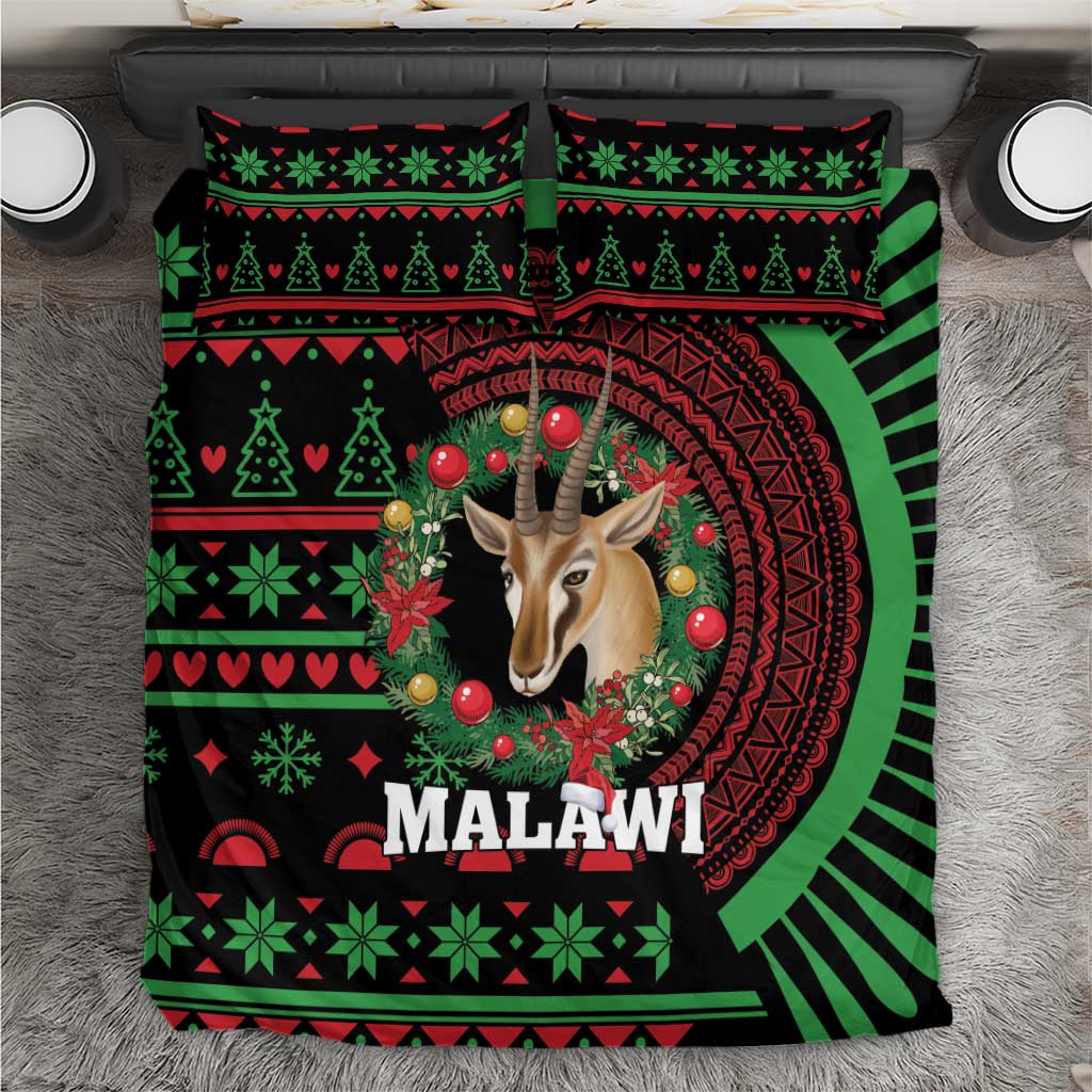 Black Malawi Christmas bedding set with antelope face and green/red festive patterns