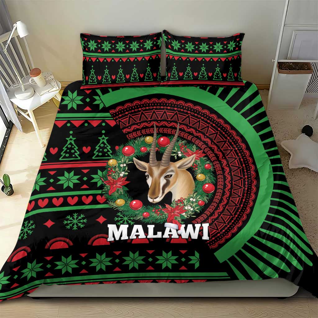 Black Malawi Christmas bedding set with antelope portrait, pine icons, and green-red rays