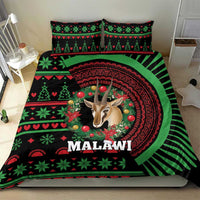 Black Malawi Christmas bedding set with antelope portrait, pine icons, and green-red rays