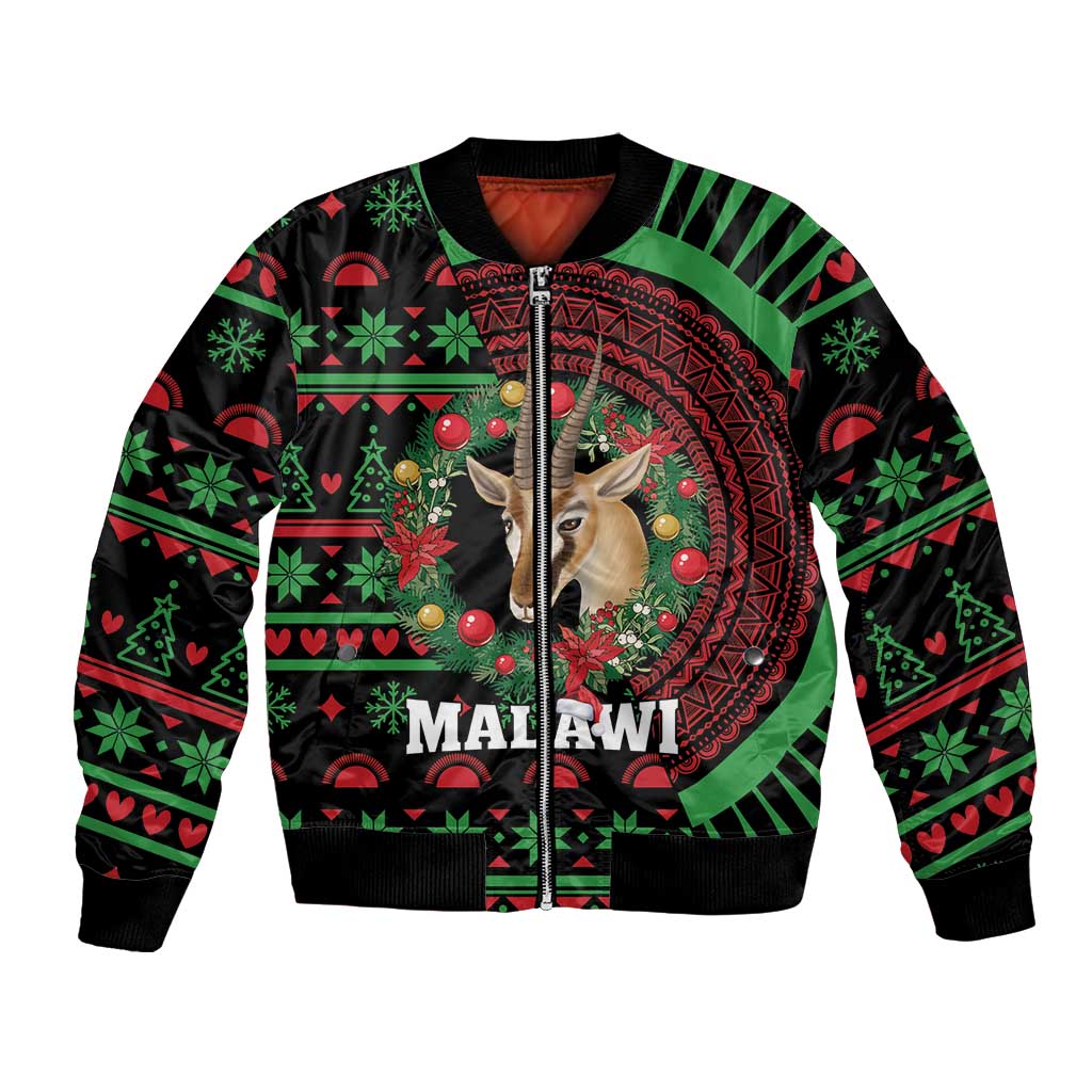 Black unisex bomber jacket with green Christmas African pattern and front zip, Malawi graphic