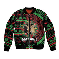 Black unisex bomber jacket with green Christmas African pattern and front zip, Malawi graphic