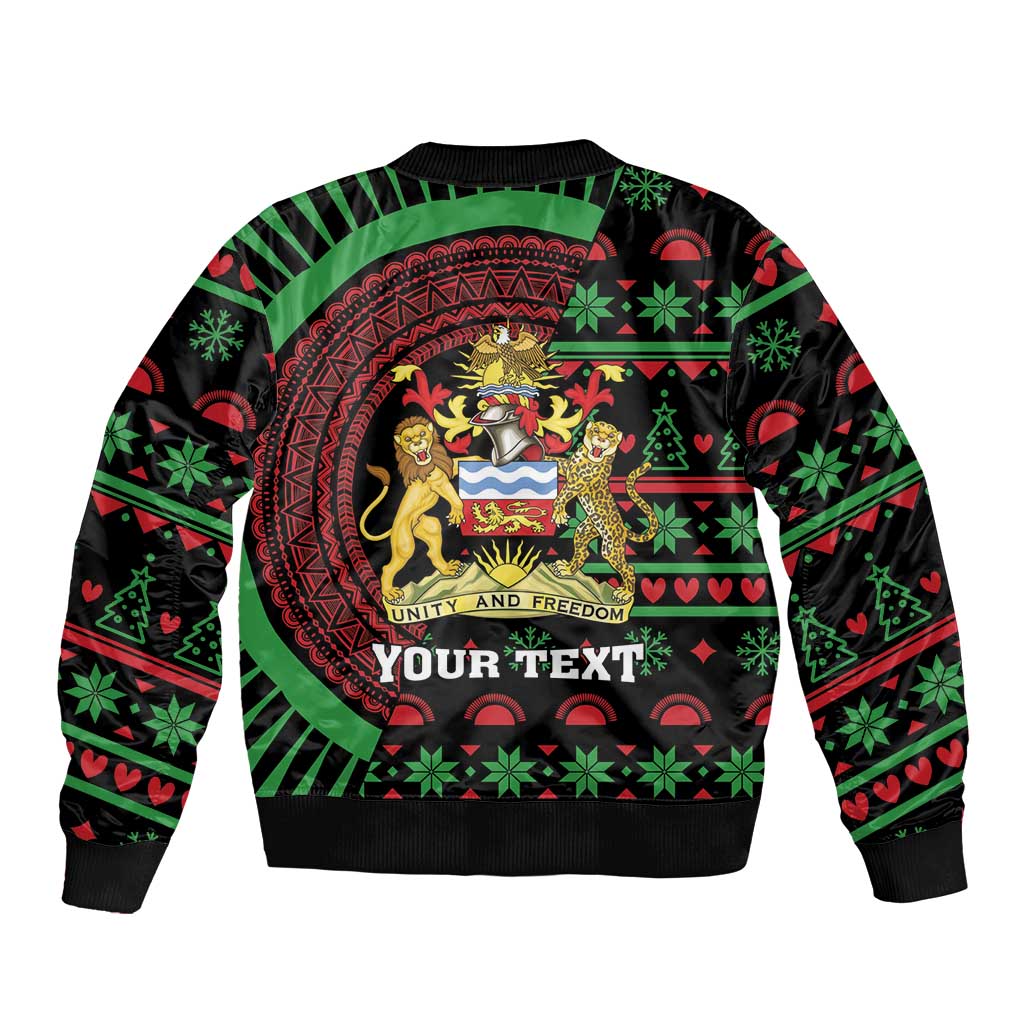 Black unisex bomber jacket, green Christmas African back print with crest and 'YOUR TEXT'