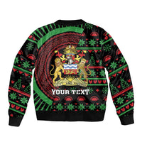 Black unisex bomber jacket, green Christmas African back print with crest and 'YOUR TEXT'
