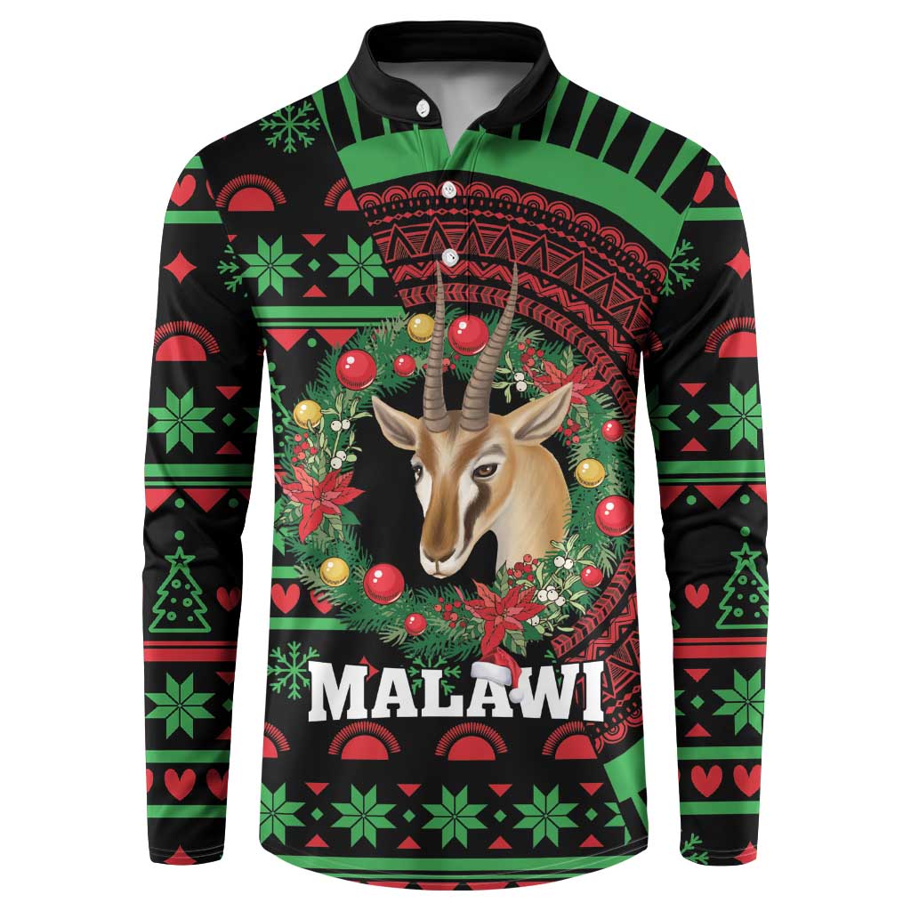 Black button sweatshirt with Malawi text and holiday pattern featuring an antelope portrait