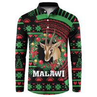 Black button sweatshirt with Malawi text and holiday pattern featuring an antelope portrait