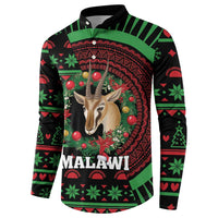 Black button sweatshirt with Malawi text and antelope portrait in a festive holiday frame