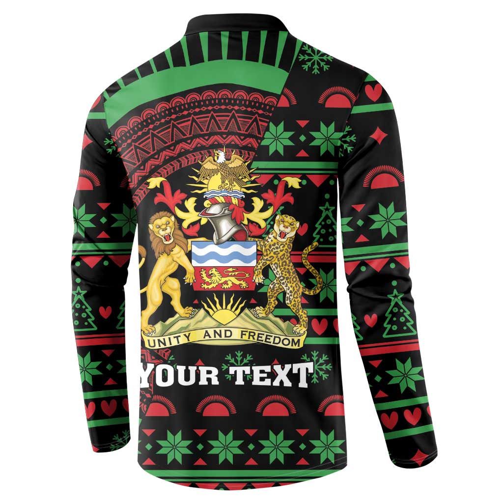 Black button sweatshirt back with “YOUR TEXT” and a lion crest in holiday pattern