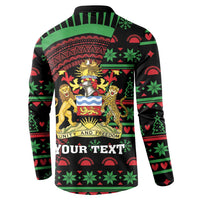 Black button sweatshirt back with “YOUR TEXT” and a lion crest in holiday pattern