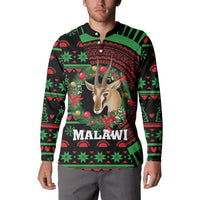Black button sweatshirt front with Malawi text, antelope portrait, and festive Christmas design