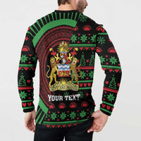 Black button sweatshirt back with “YOUR TEXT” and lion crest in a holiday Christmas pattern