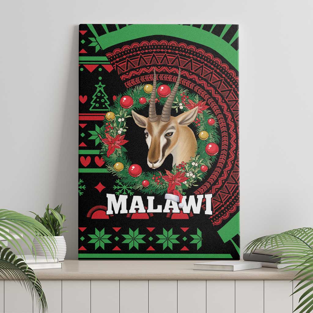 Malawi canvas wall art featuring gazelle head and red holiday wreath with green pattern