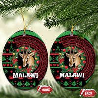 Pair of round ceramic Christmas ornaments with gazelle head, green-red holiday pattern, MALAWI