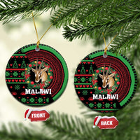 Round ceramic Christmas ornament with gazelle head, red and green pattern, MALAWI text