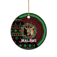 Round ceramic Christmas ornament, green-striped border and gazelle artwork with MALAWI text