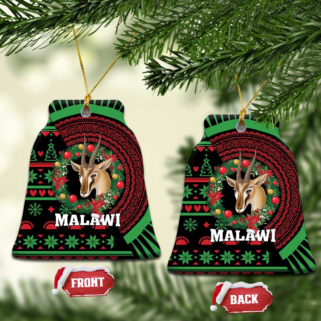 Bell-shaped ceramic Christmas ornament with gazelle artwork, green-red pattern and MALAWI text