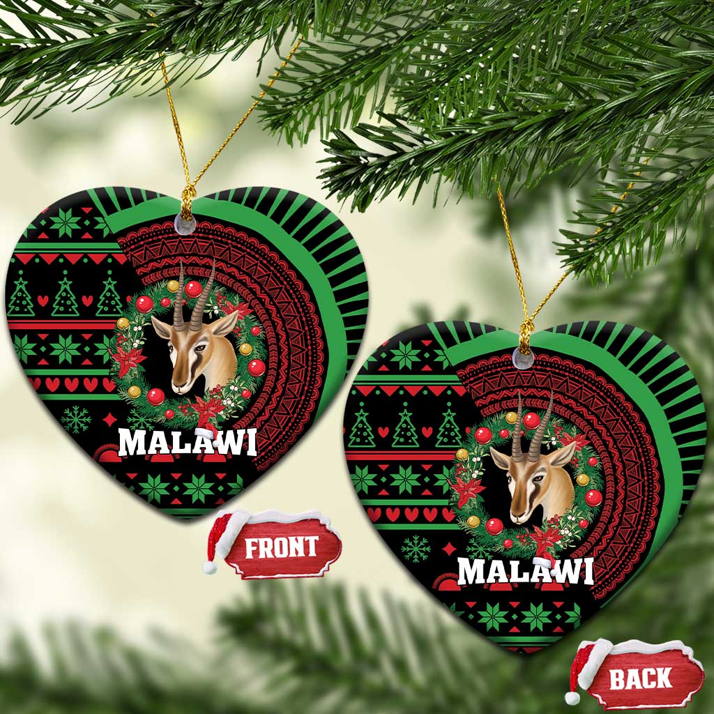 Two round ceramic ornaments with gazelle head and red-green holiday patterns, MALAWI text