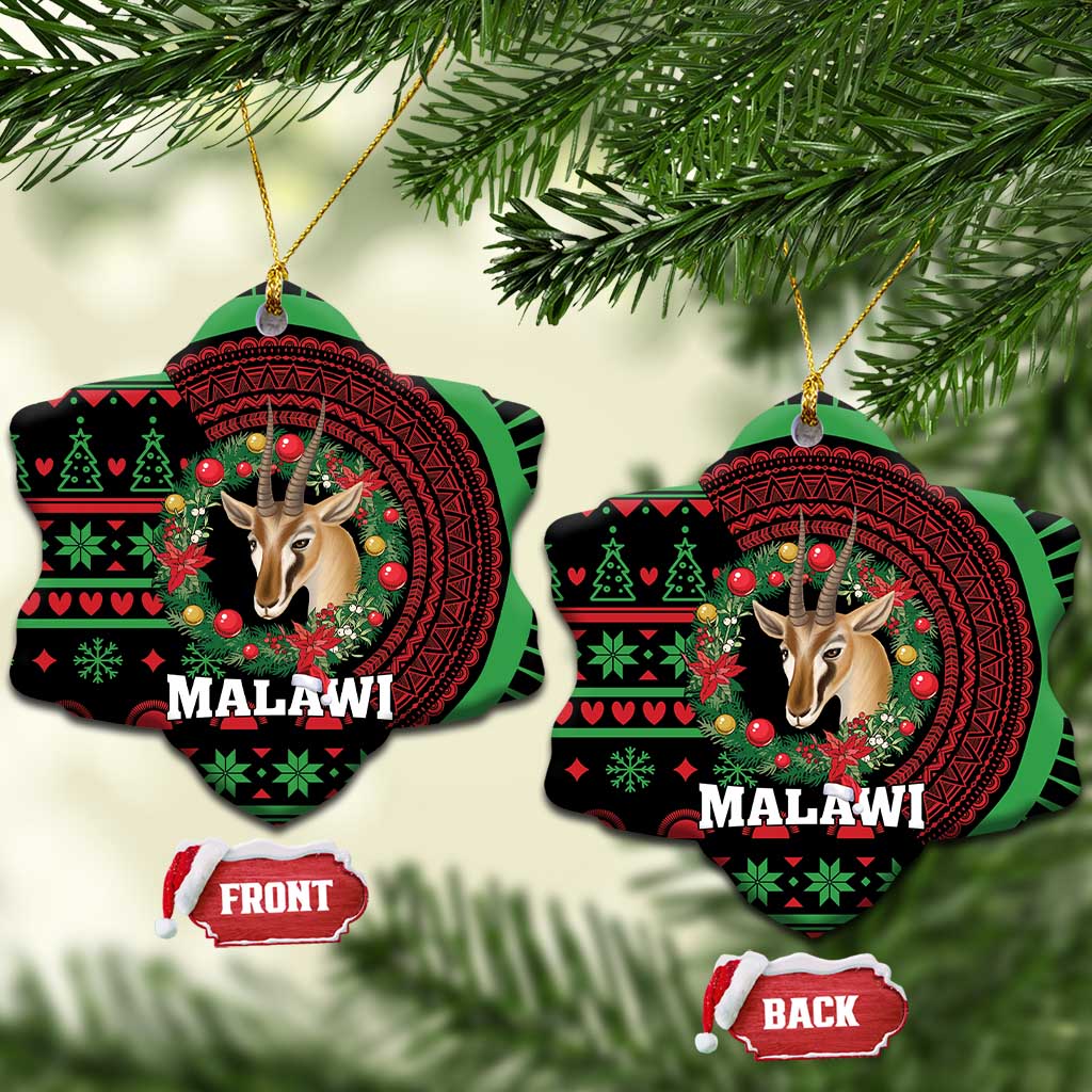 Heart-shaped ceramic ornament with gazelle head, red-green festive pattern, MALAWI text