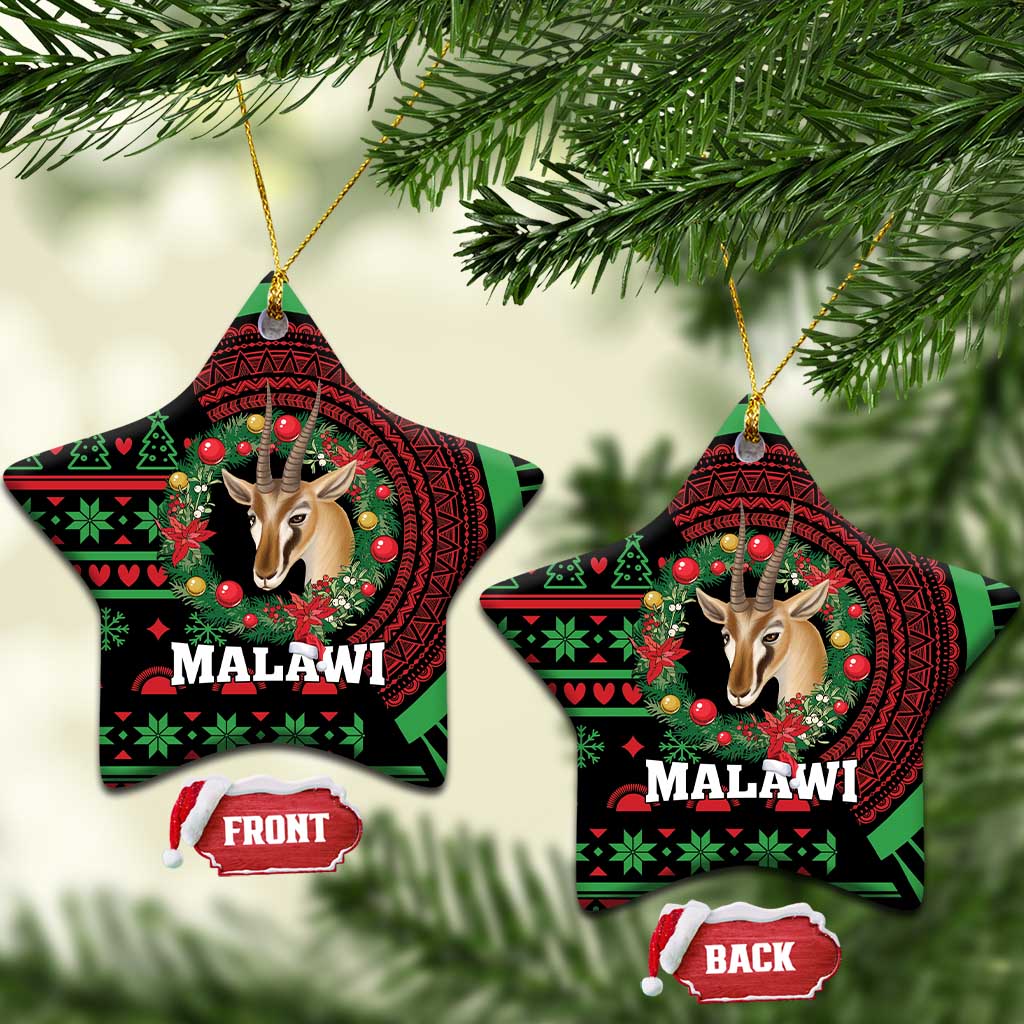 Star-shaped ceramic Christmas ornament with gazelle head, green-red pattern and MALAWI text