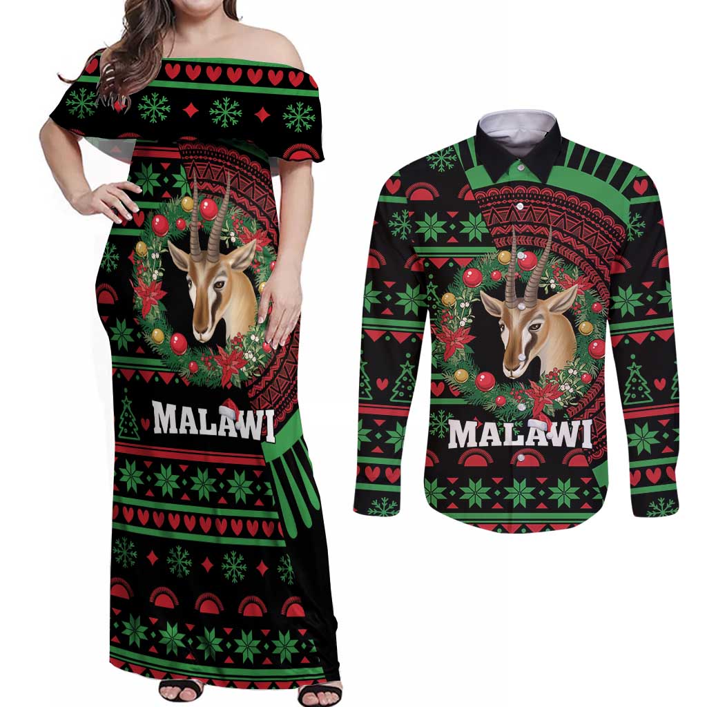 Personalized Malawi Christmas Couples Matching Off Shoulder Maxi Dress and Long Sleeve Button Shirt Thompson Gazelle - African Pattern - Wonder Print Shop