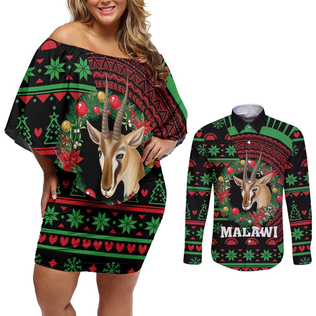 Personalized Malawi Christmas Couples Matching Off Shoulder Short Dress and Long Sleeve Button Shirt Thompson Gazelle - African Pattern - Wonder Print Shop