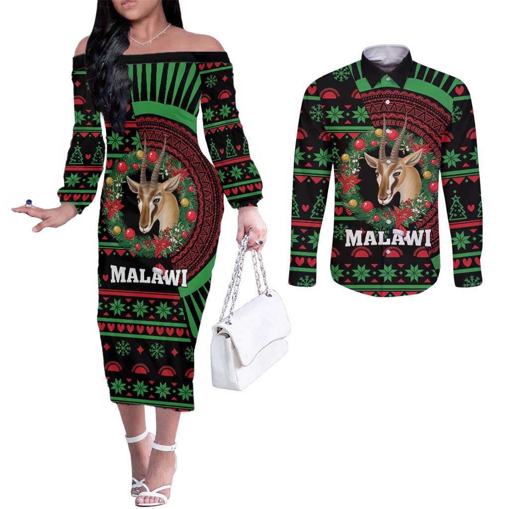 Personalized Malawi Christmas Couples Matching Off The Shoulder Long Sleeve Dress and Long Sleeve Button Shirt Thompson Gazelle - African Pattern