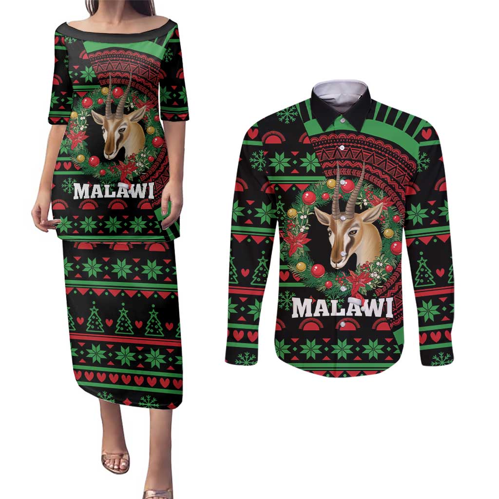 Personalized Malawi Christmas Couples Matching Puletasi and Long Sleeve Button Shirt Thompson Gazelle - African Pattern - Wonder Print Shop