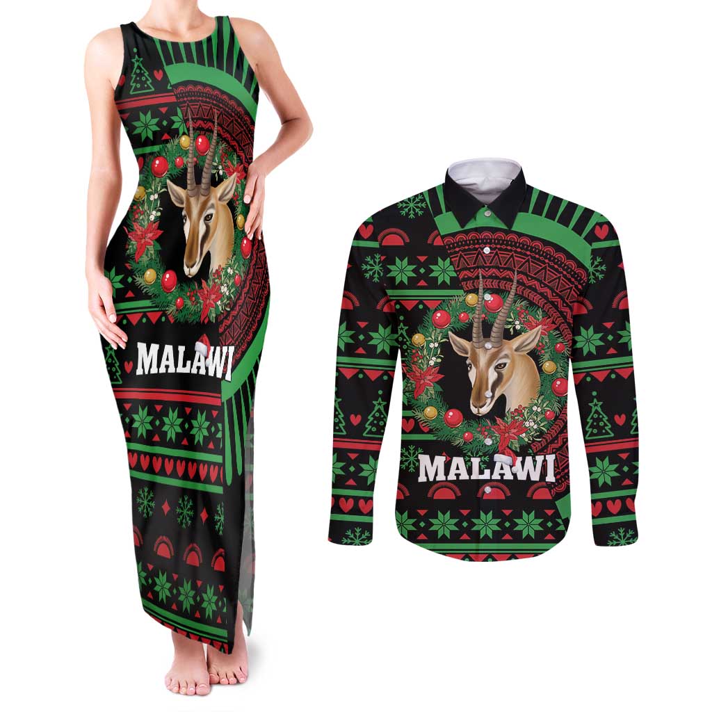 Personalized Malawi Christmas Couples Matching Tank Maxi Dress and Long Sleeve Button Shirt Thompson Gazelle - African Pattern - Wonder Print Shop