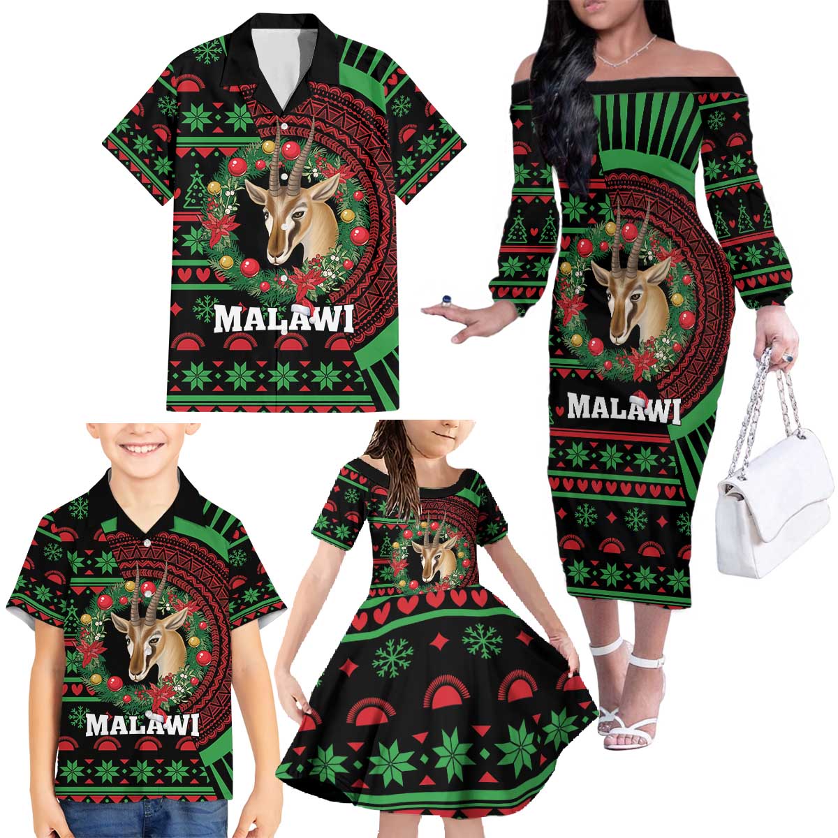 Personalized Malawi Christmas Family Matching Off The Shoulder Long Sleeve Dress and Hawaiian Shirt Thompson Gazelle - African Pattern - Wonder Print Shop