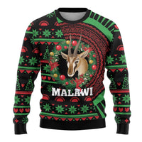 Black ugly Christmas sweater with deer in wreath, MALAWI lettering, festive green red motif