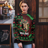 Black ugly Christmas sweater with deer wreath graphic, MALAWI lettering, ribbed cuffs