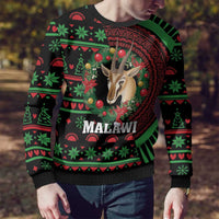 Black ugly Christmas sweater with deer wreath graphic and MALAWI lettering, green red motifs